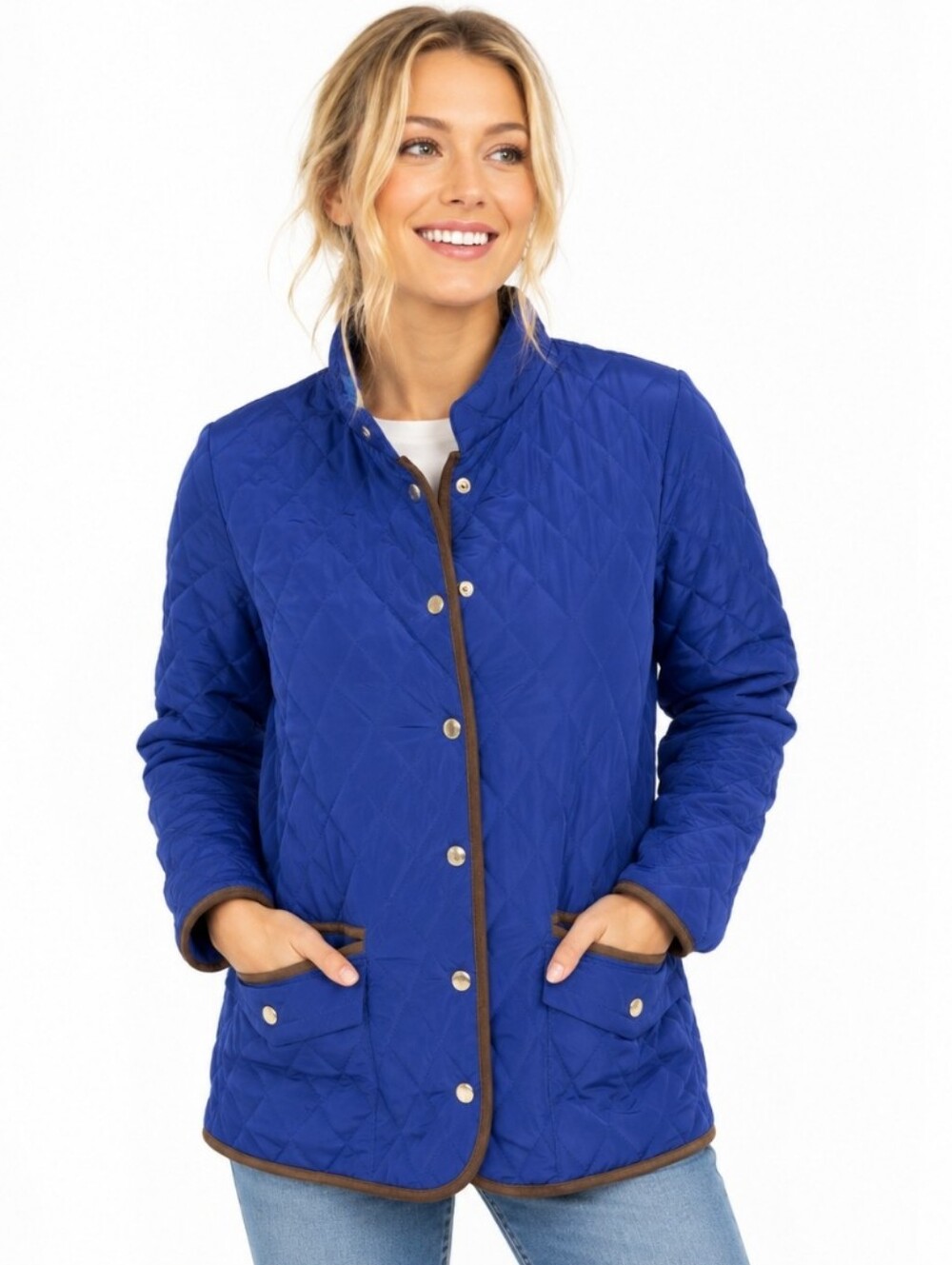 Relativity Elizabeth LaVecchia Royal Blue Quilted Jacket with Brown Trim (Sz:L)